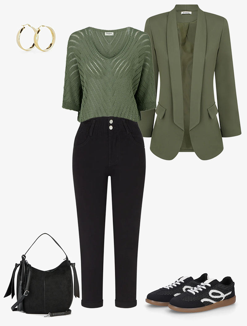 Look Elena — Kaki y Negro: Blazer, Vaqueros y Zapatillas