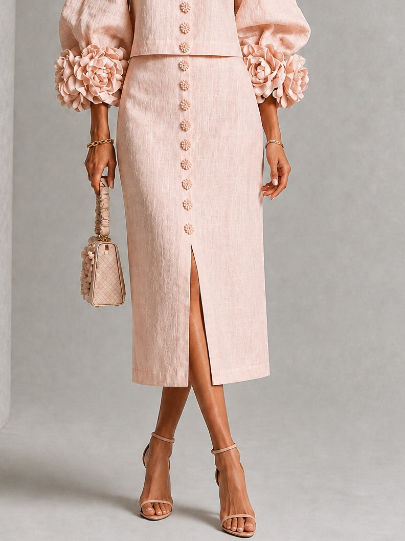 Pink Floral Button-front Top And Skirt Set Featuring Striking Floral Cuffs