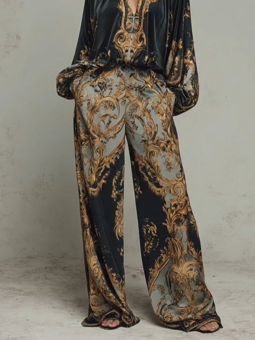 Conjunto de top y pantalón ancho con estampado floral barroco