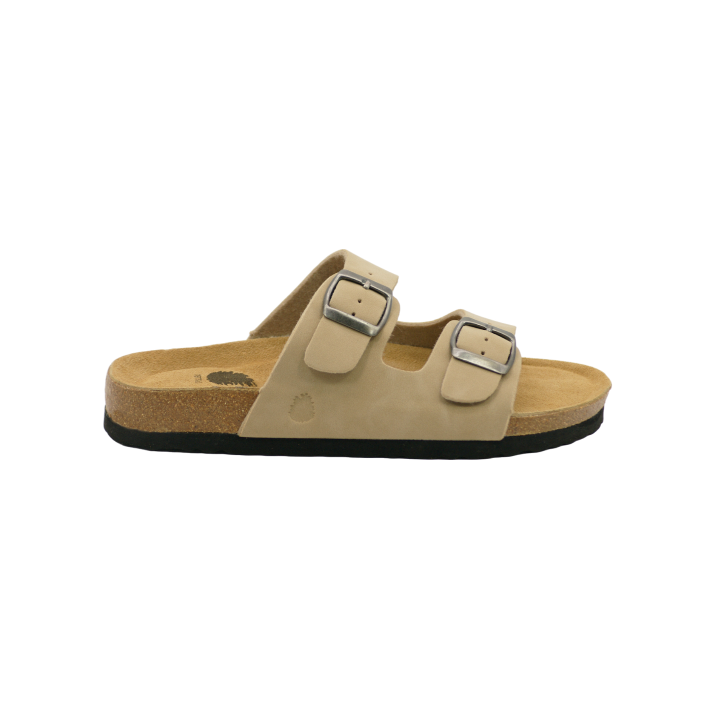 Sandalia de dos hebillas para mujer en color beige, detalle del talón trasero