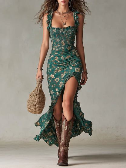 Vestido largo boho verde estampado con manga de volantes