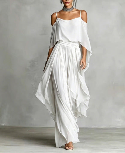 Grey off-shoulder flowy camisole and trousers chiffon set