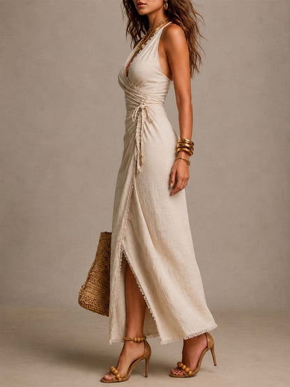 Vestido largo cruzado beige efecto lino con encaje