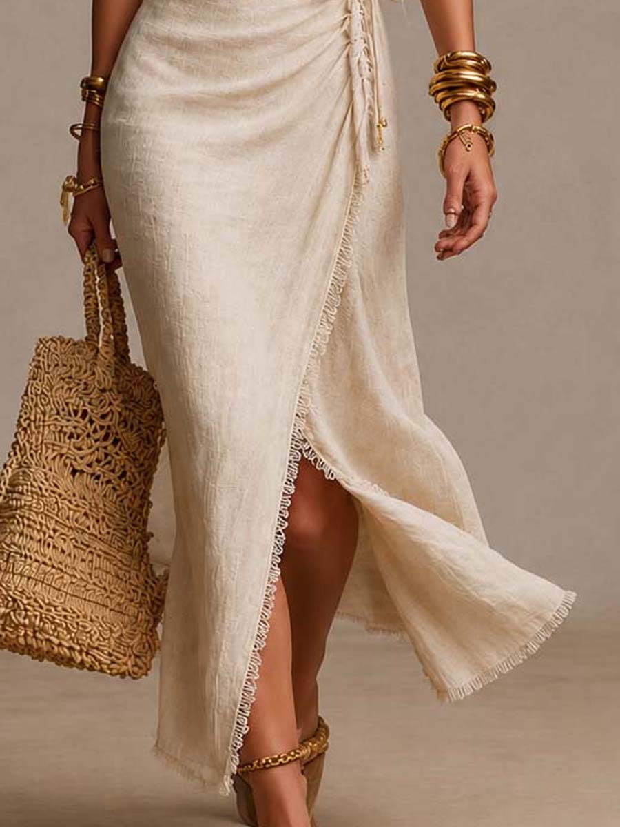 Vestido largo cruzado beige efecto lino con encaje