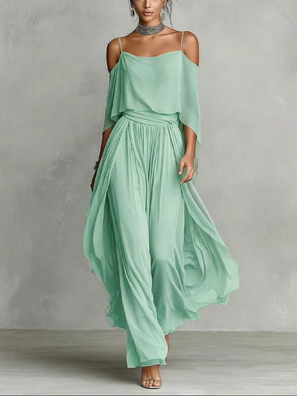 Grey off-shoulder flowy camisole and trousers chiffon set