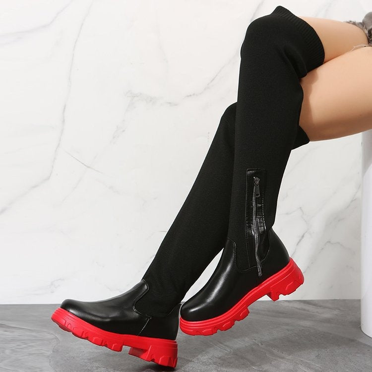 Over-the-knee round-toe flyknit women's platform boots
