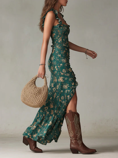 Vestido largo boho verde estampado con manga de volantes
