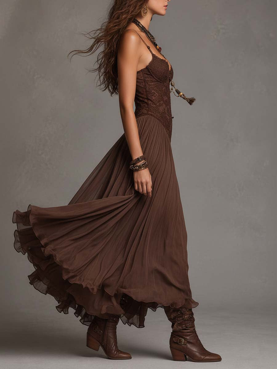 Vestido largo de gasa marrón oscuro con paneles de encaje