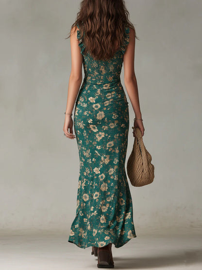 Vestido largo boho verde estampado con manga de volantes
