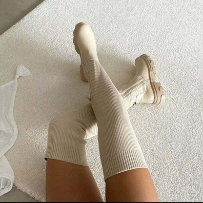 Over-the-knee round-toe flyknit women's platform boots