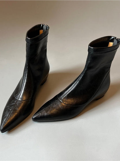 Pointed-toe soft leather stretch boots with back zipper wedge boots