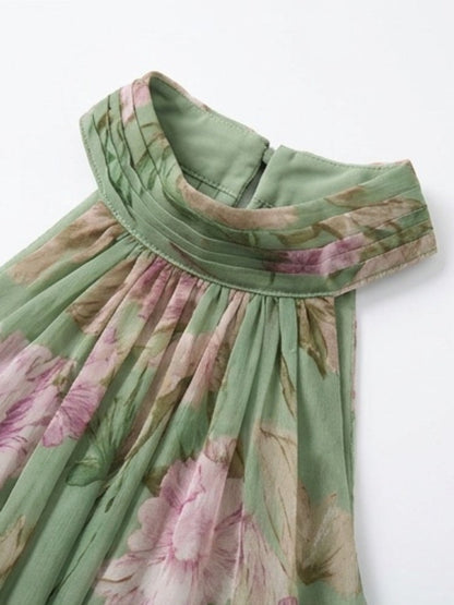 Green Floral Chiffon Halter Maxi Dress