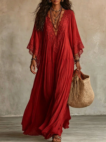 White Lace V-neck Batwing Sleeve Chiffon Maxi Dress
