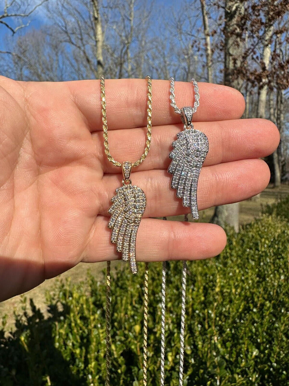 1.24ct Real DIAMOND Angel Wing Iced Out Pendant - 14k Yellow Or White Gold - Small 1.5"