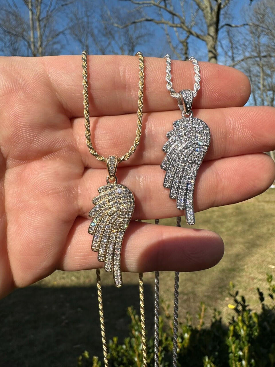 1.24ct Real DIAMOND Angel Wing Iced Out Pendant - 14k Gold Vermeil Or 925 Silver - Small 1.5"
