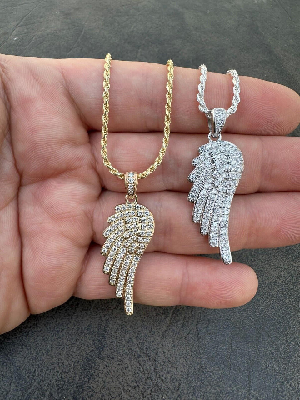 1.24ct Real DIAMOND Angel Wing Iced Out Pendant - 14k Gold Vermeil Or 925 Silver - Small 1.5"
