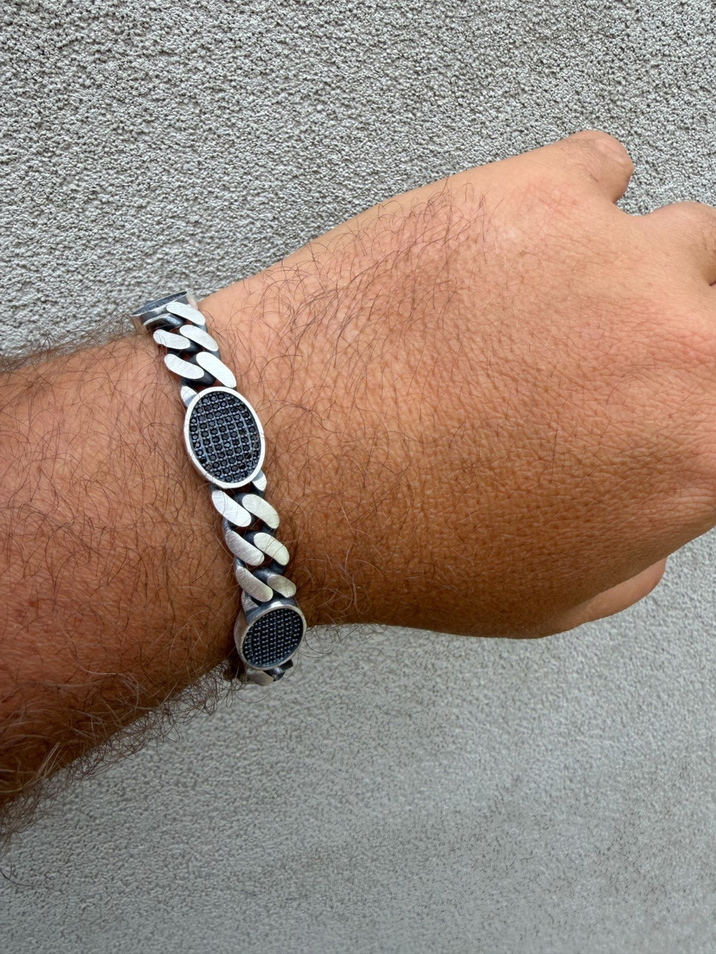 Mens Miami Cuban Link Bracelet W. Iced Out Black CZ Stones - 925 Silver - 8.5" - 12mm