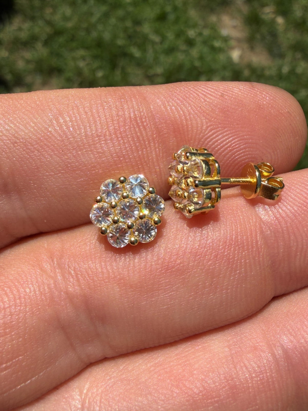 MOISSANITE Upside Down Reverse Set Cluster Iced Out Honeycomb Set Earrings - 14k Gold Vermeil 925 Silver - 9mm