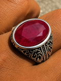 Columbian King Ring - 925 Silver Oxidized - Genuine Red Ruby Stone