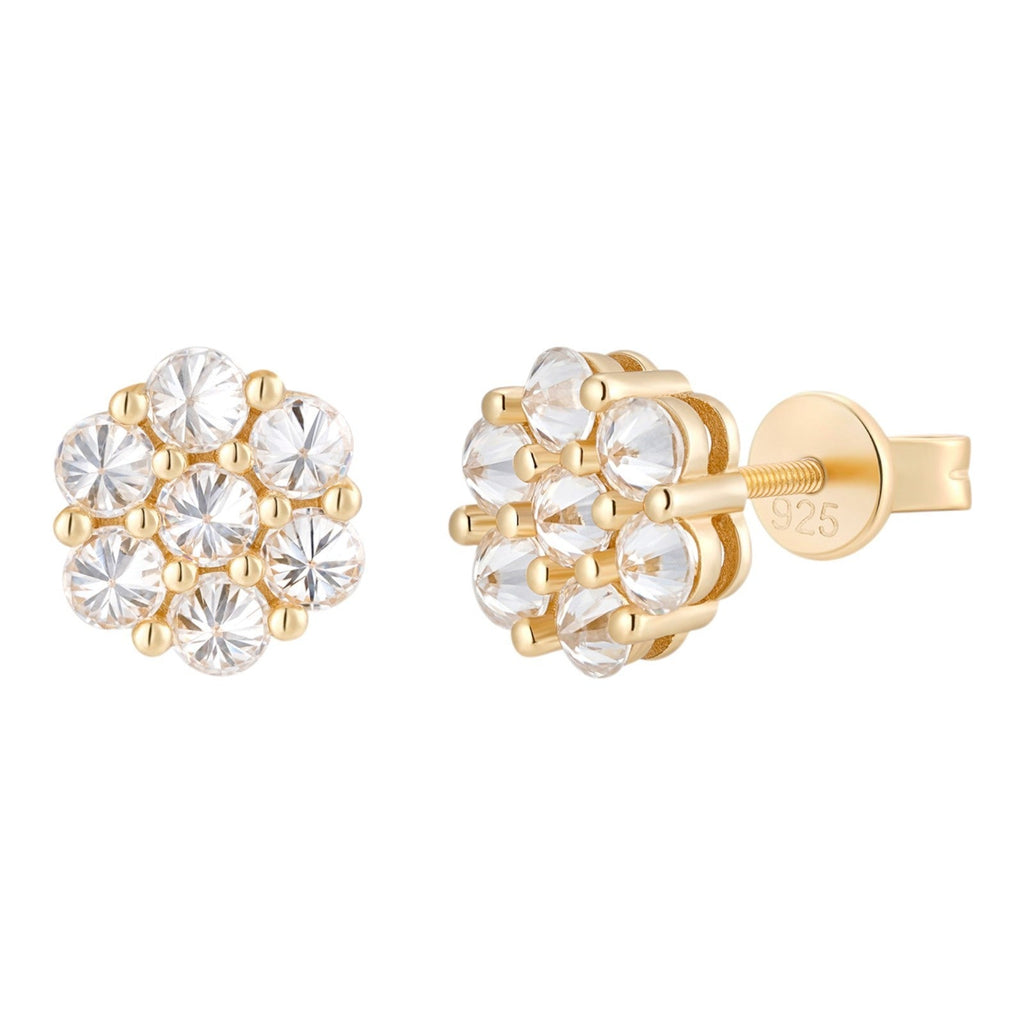 MOISSANITE Upside Down Reverse Set Cluster Iced Out Honeycomb Set Earrings - 14k Gold Vermeil 925 Silver - 9mm