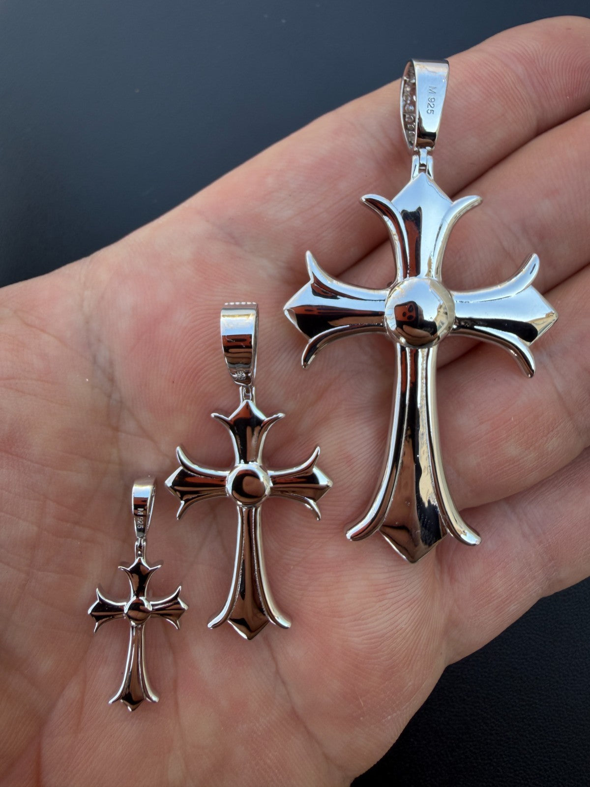 MOISSANITE Hearts Chrome Cross Pendant - 925 Silver - 3 Sizes 1"-2.75"