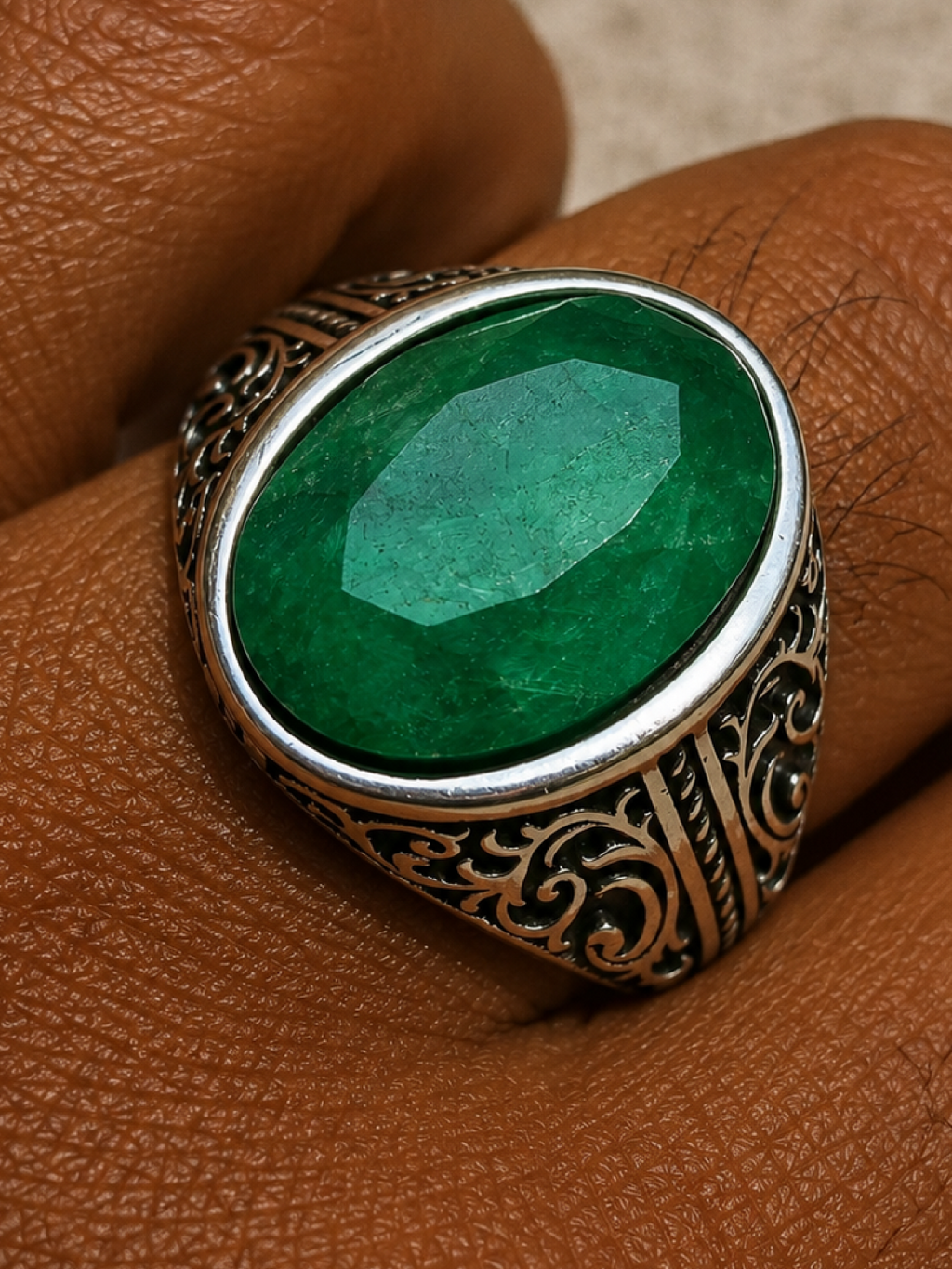 Columbian King Ring - 925 Silver Oxidized - Genuine Green Emerald Stone