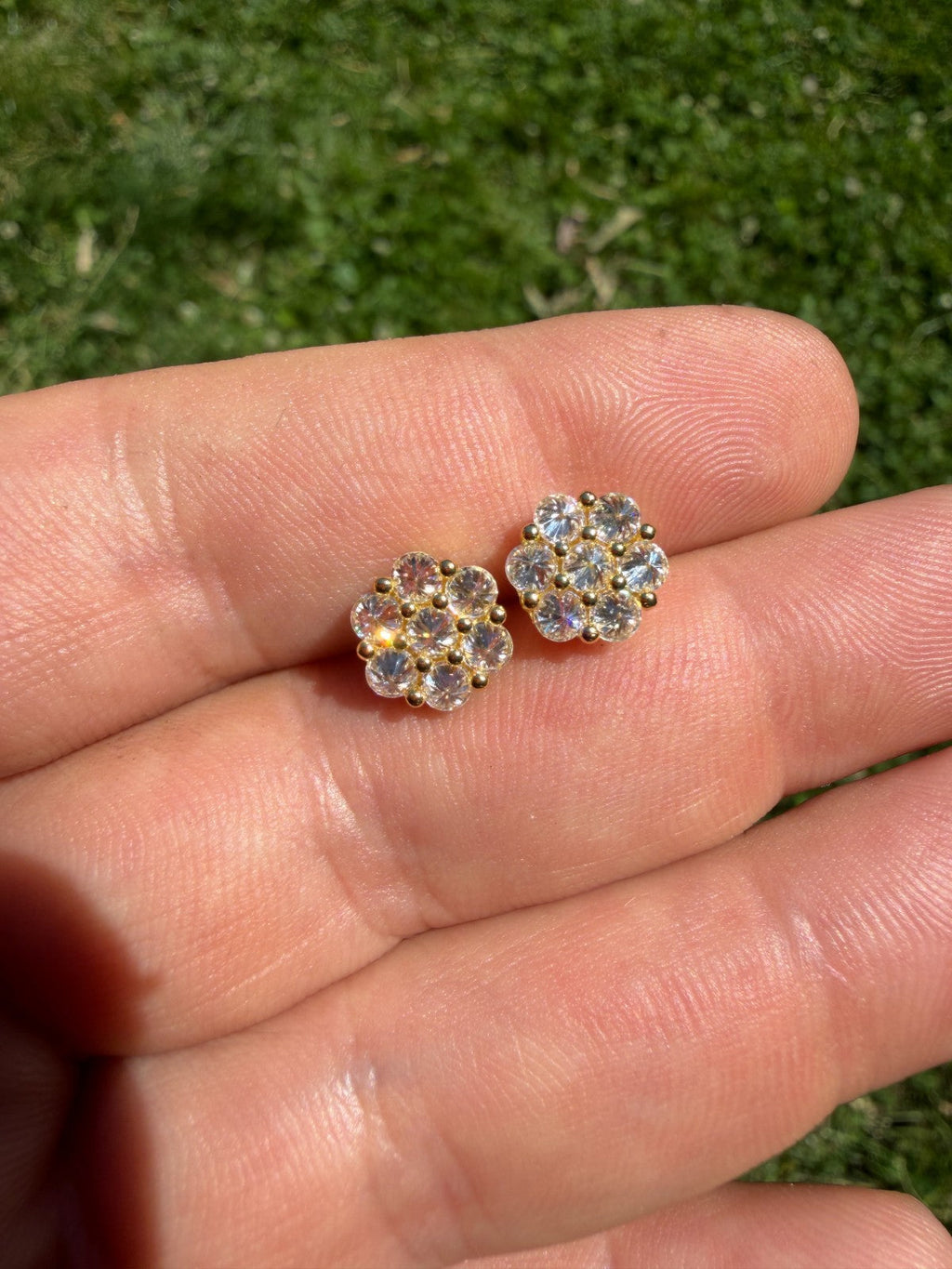 MOISSANITE Upside Down Reverse Set Cluster Iced Out Honeycomb Set Earrings - 14k Gold Vermeil 925 Silver - 9mm