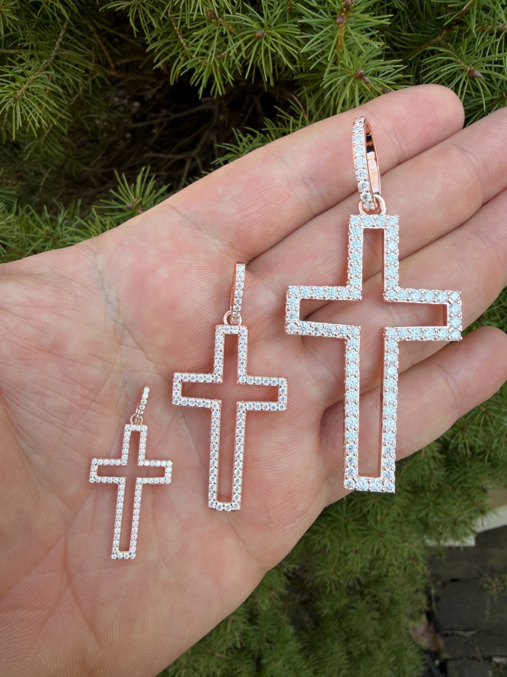 MOISSANITE Classic Cross Cutout Pendant - 14k Rose Gold Vermeil 925 Silver - 3 Sizes 1.33"-3"