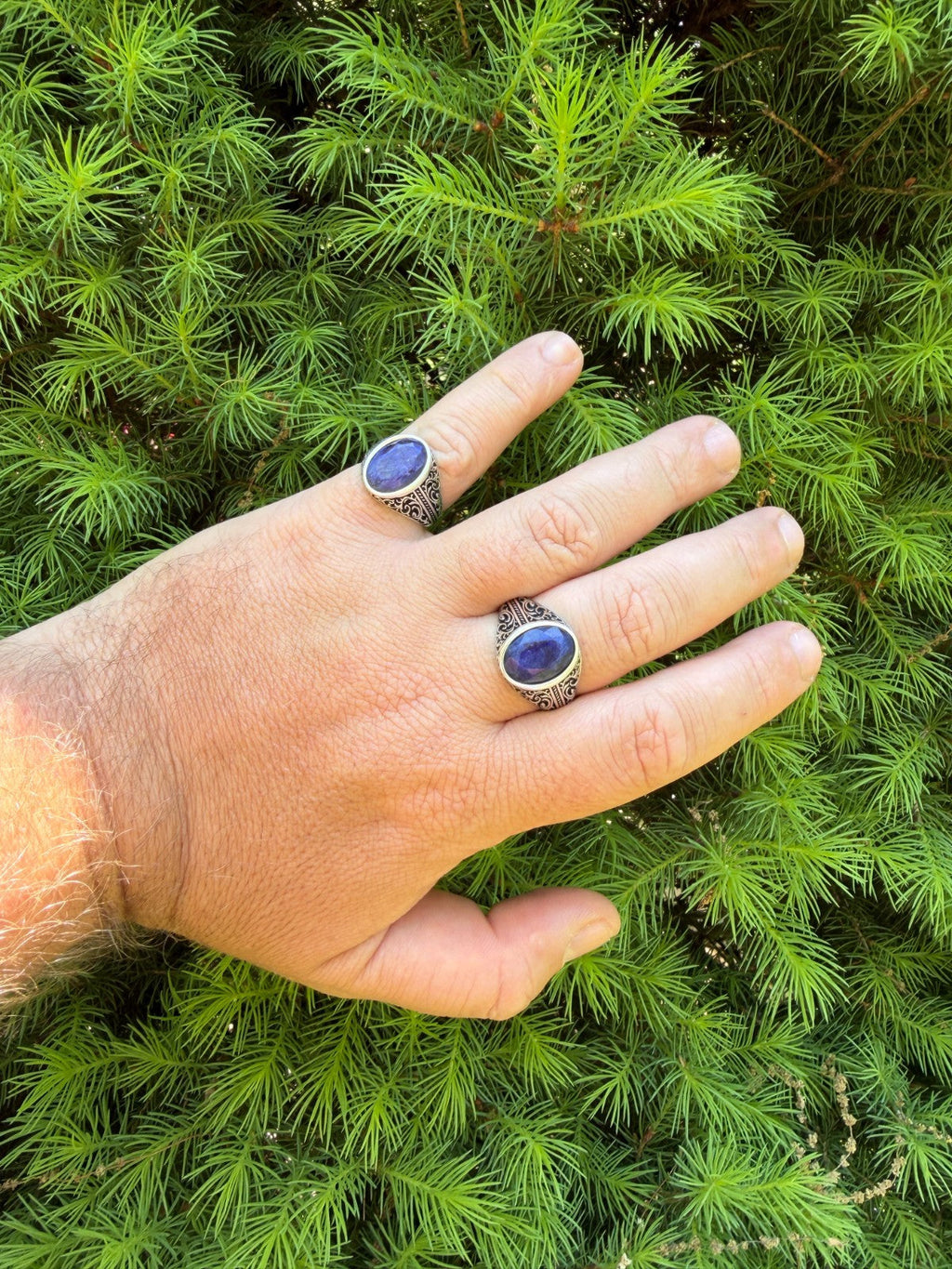 Columbian King Ring - 925 Silver Oxidized - Genuine Blue Sapphire Stone