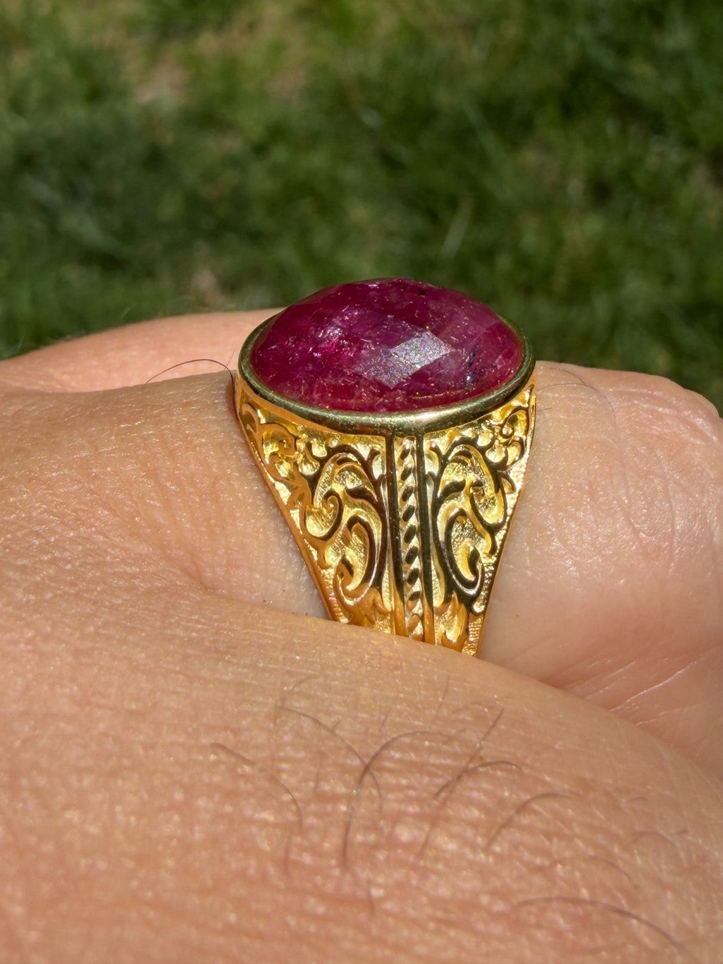 Columbian King Ring - 14k Gold Vermeil 925 Silver - Genuine Red Ruby Stone