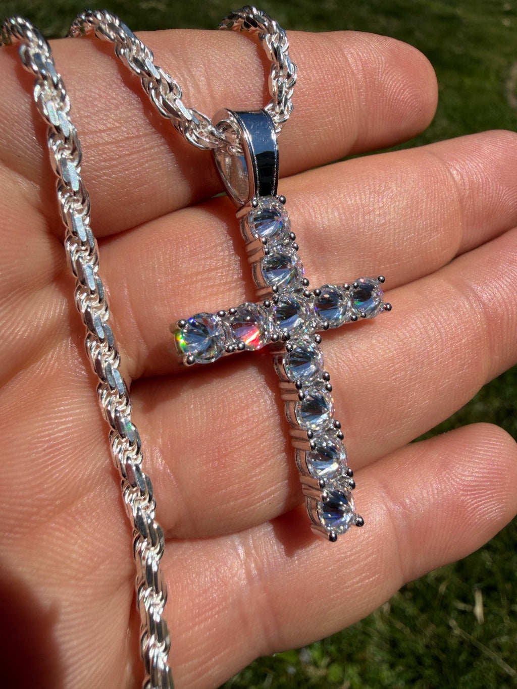 MOISSANITE Upside Down Setting Tennis Cross - 925 Silver - 3 Sizes 1"-1.75"