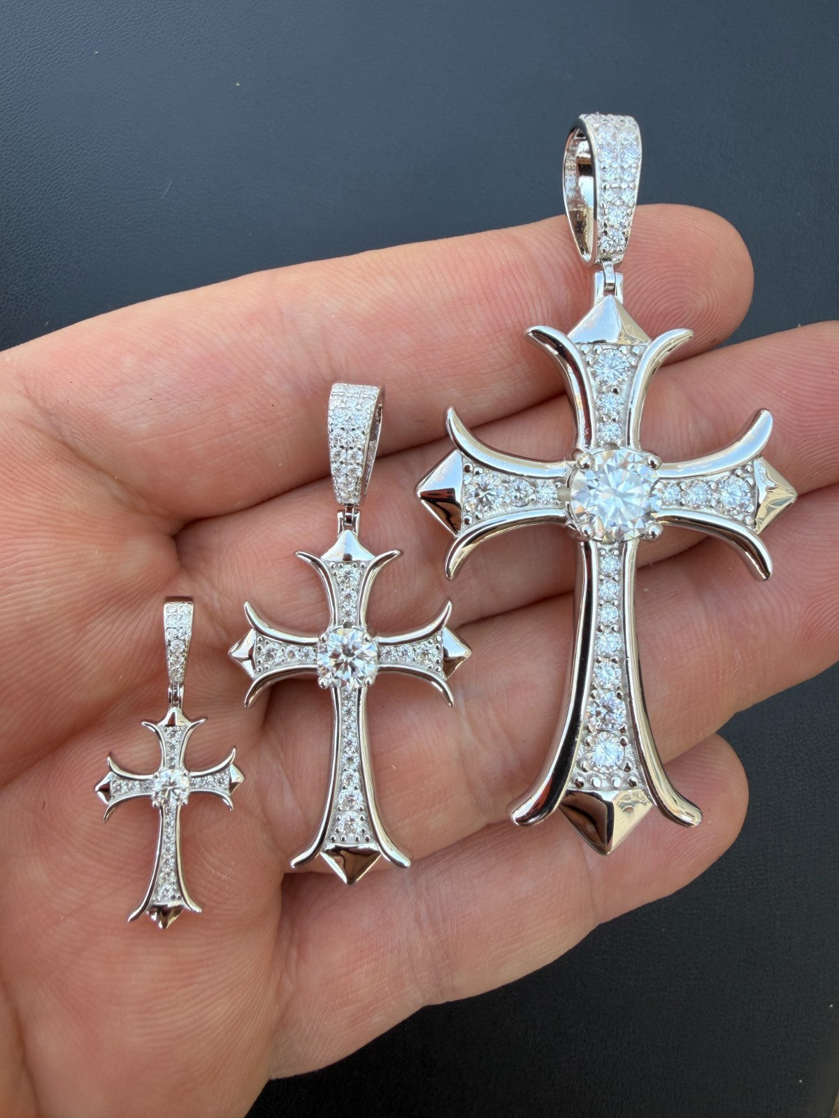 MOISSANITE Hearts Chrome Cross Pendant - 925 Silver - 3 Sizes 1"-2.75"