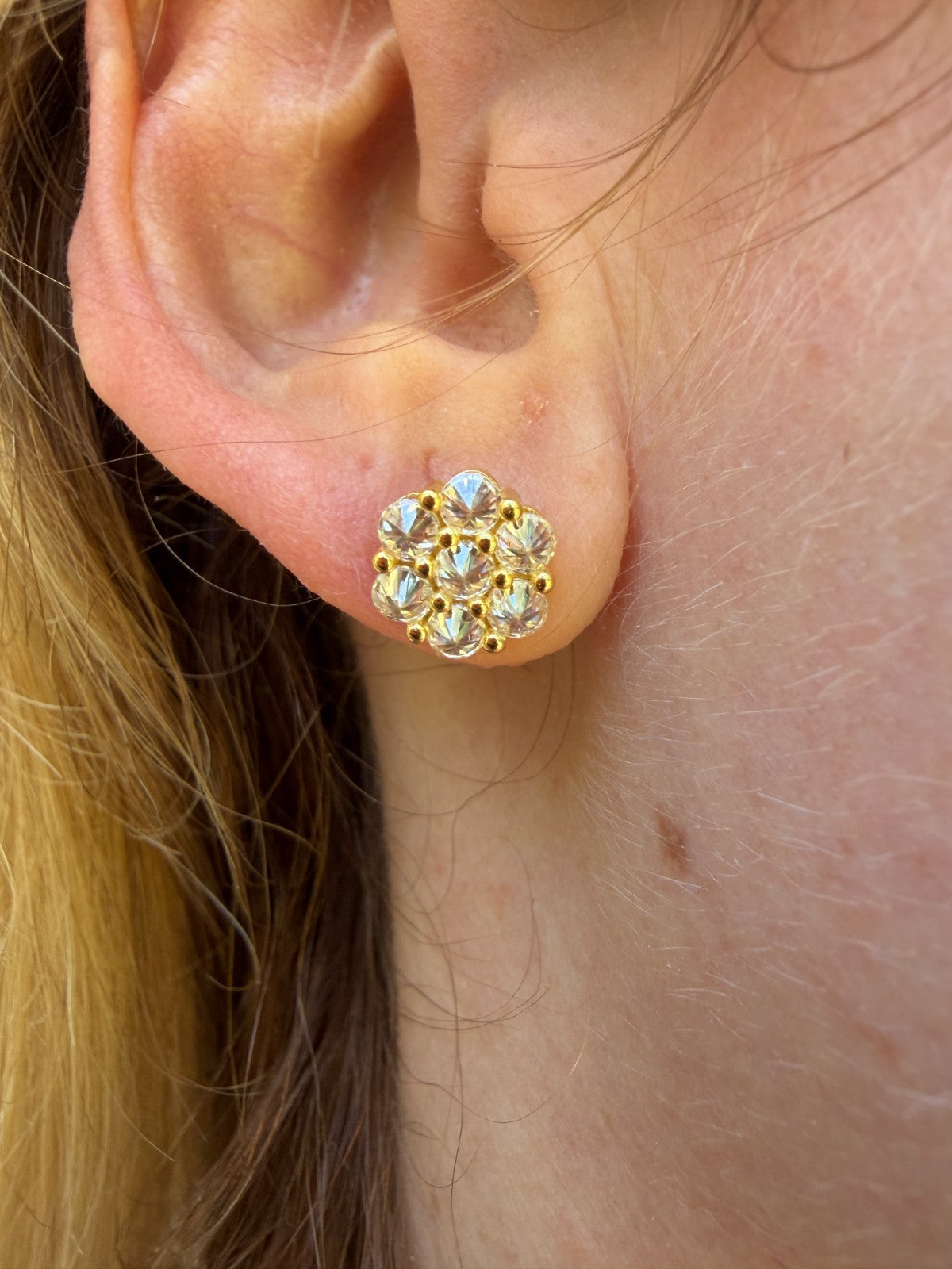 MOISSANITE Upside Down Reverse Set Cluster Iced Out Honeycomb Set Earrings - 14k Gold Vermeil 925 Silver - 9mm