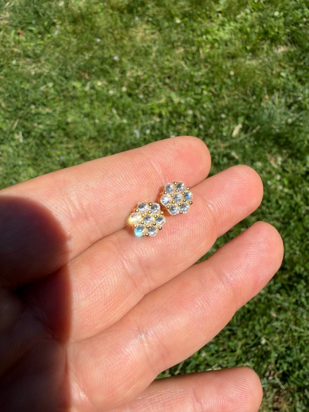 MOISSANITE Upside Down Reverse Set Cluster Iced Out Honeycomb Set Earrings - 14k Gold Vermeil 925 Silver - 9mm