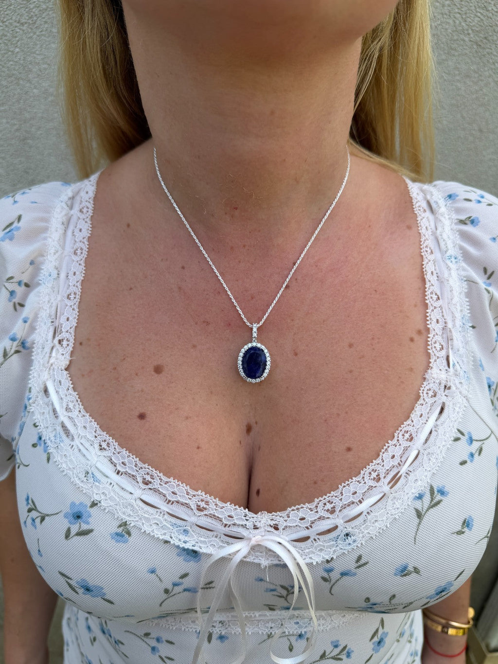 MOISSANITE Royalty Midnight Ocean Pendant - 925 Silver - Oval Genuine Blue Sapphire Stone