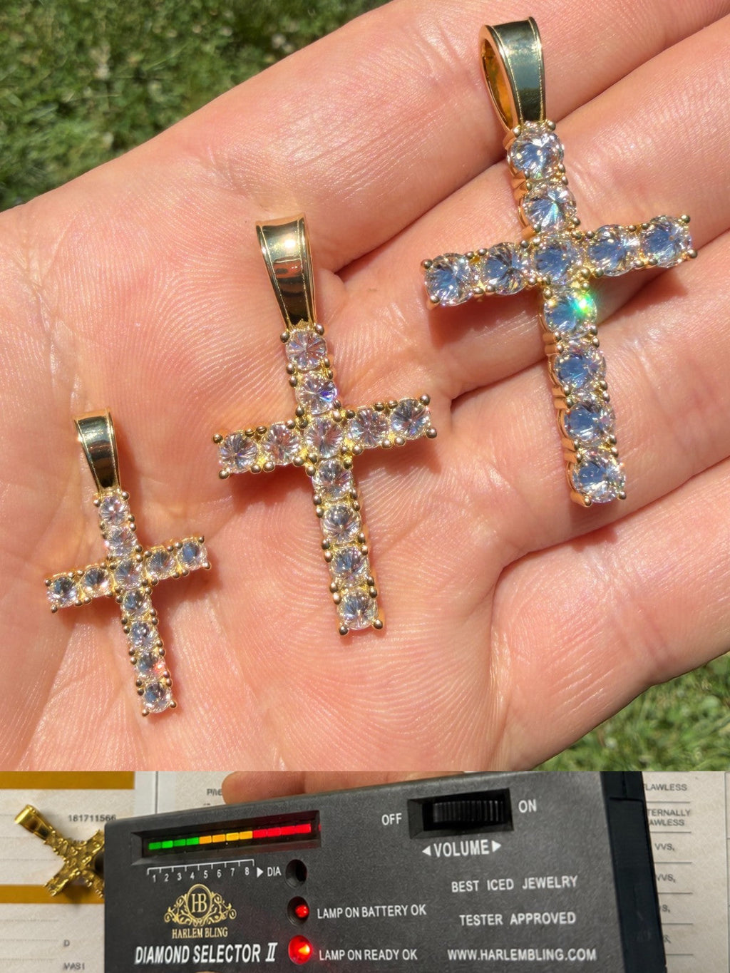 MOISSANITE Upside Down Setting Tennis Cross - 14k Gold Vermeil 925 Silver - 3 Sizes 1"-1.75"