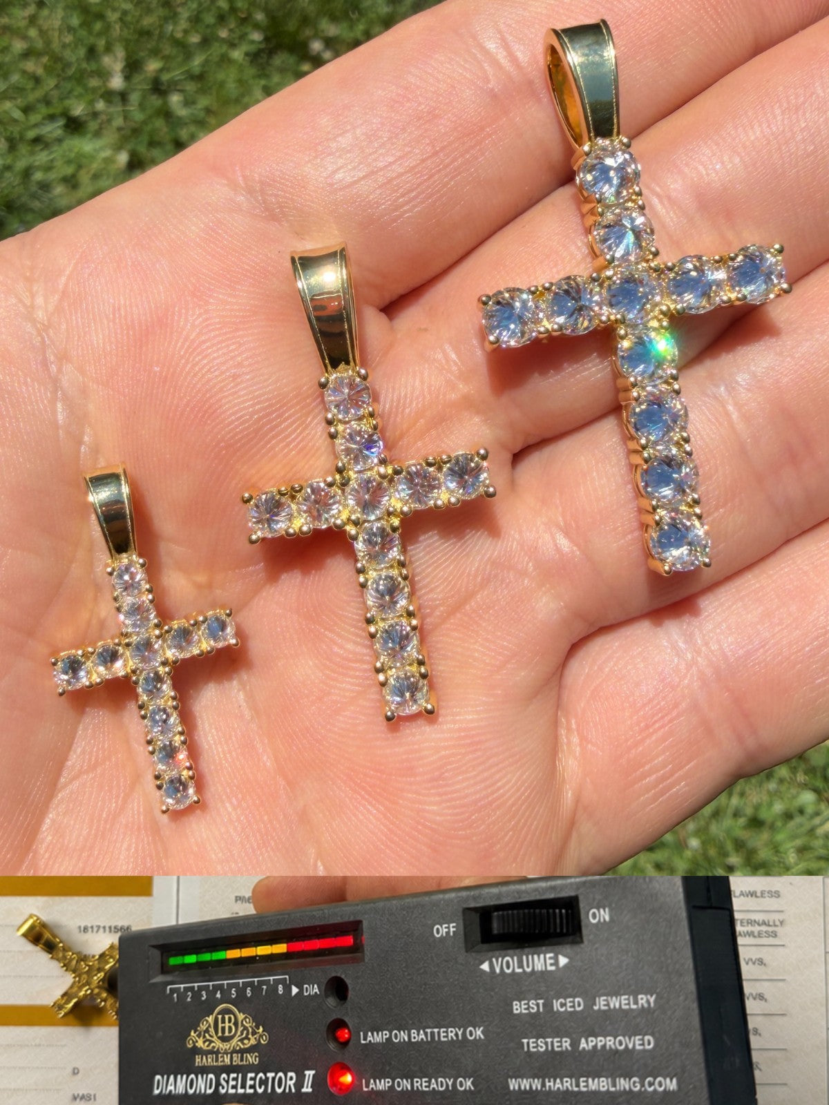 MOISSANITE Upside Down Setting Tennis Cross - 14k Gold Vermeil 925 Silver - 3 Sizes 1"-1.75"