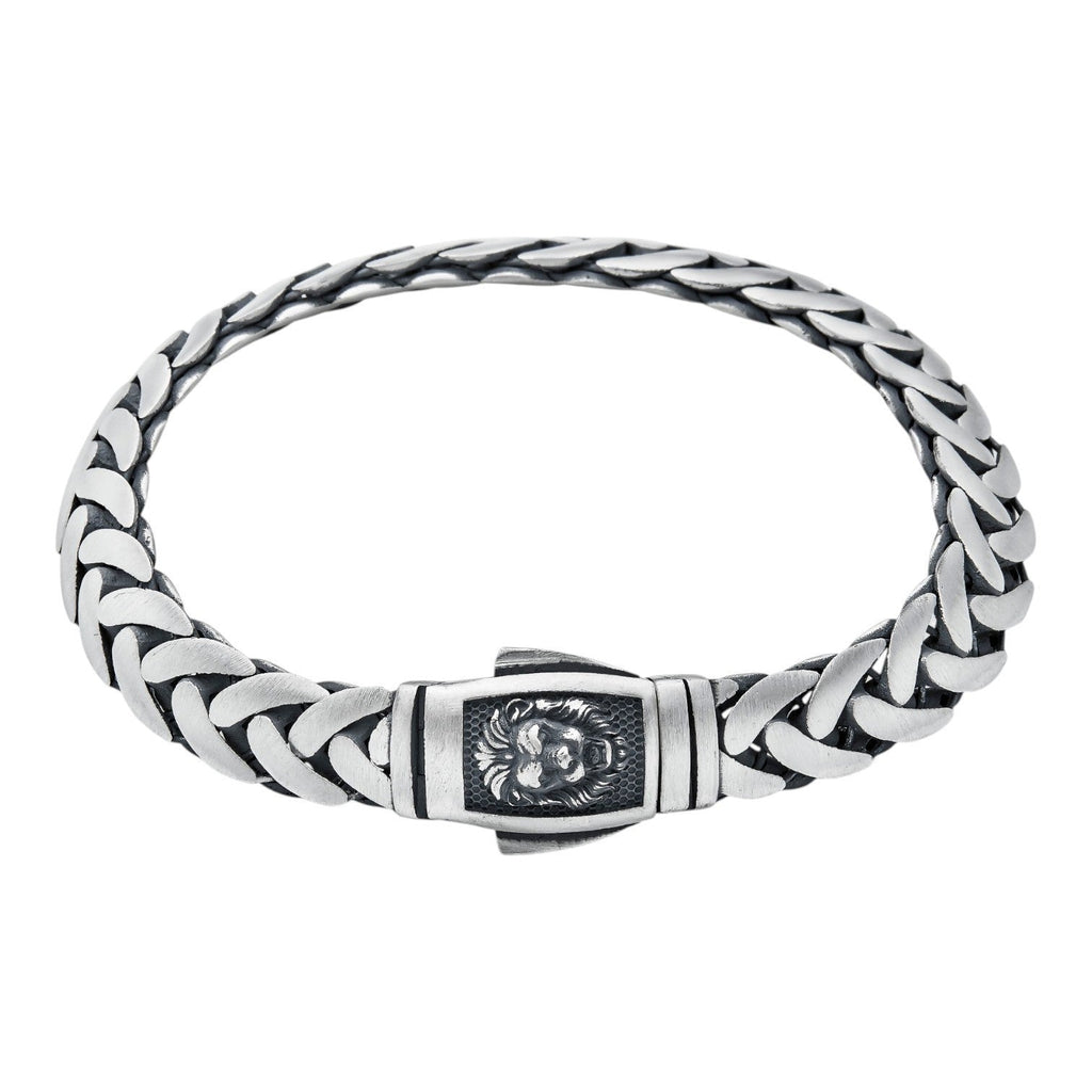 Wheat Link Bracelet With Custom Lion Sleek Clasp - 925 Sterling Silver Oxidized Gunmetal - 7"-9" - 10mm