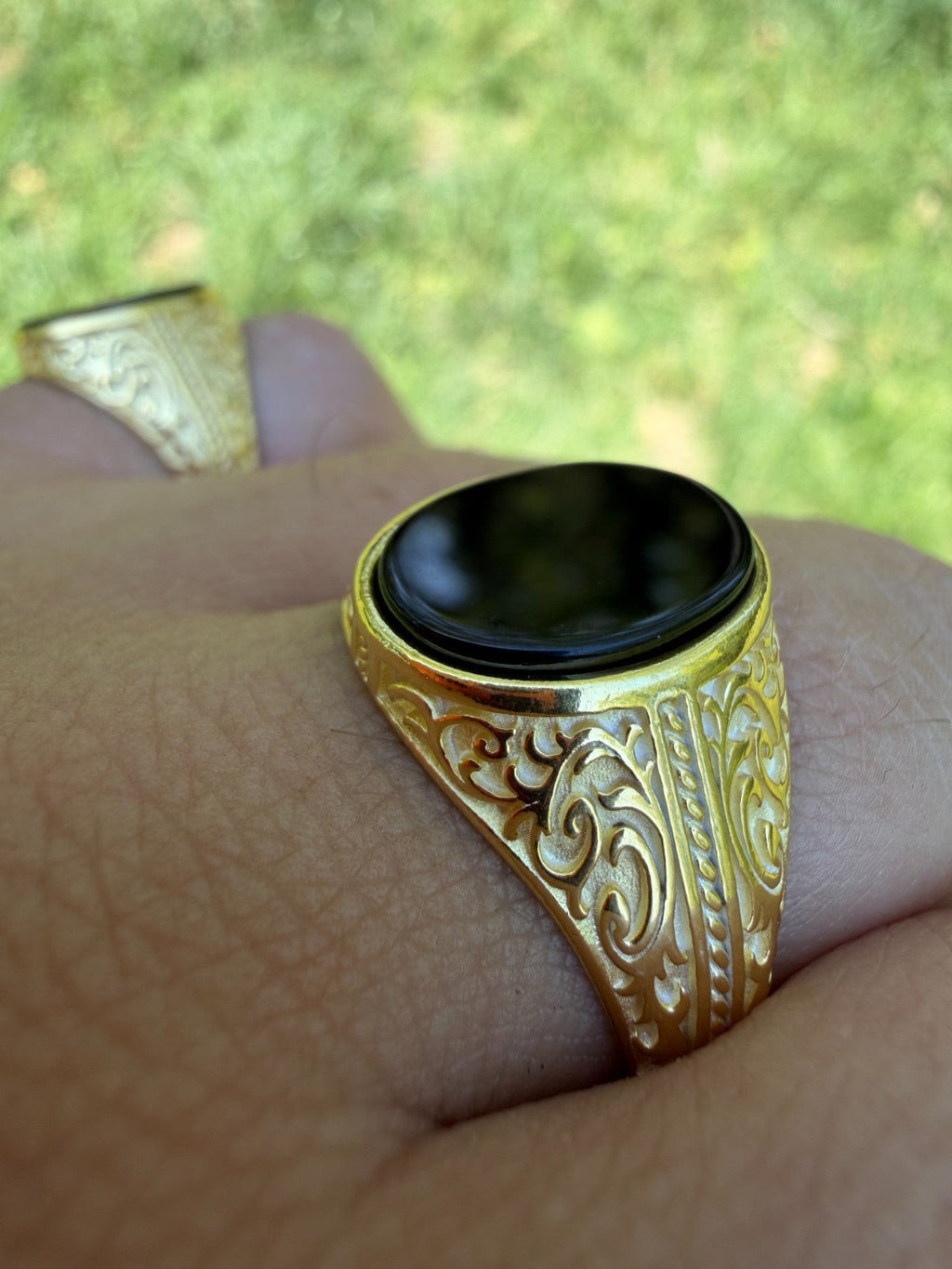 Columbian King Ring - 14k Gold Vermeil 925 Silver - Genuine Black Onyx Stone