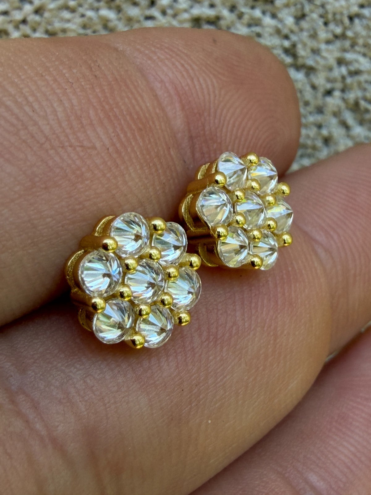 MOISSANITE Upside Down Reverse Set Cluster Iced Out Honeycomb Set Earrings - 14k Gold Vermeil 925 Silver - 9mm