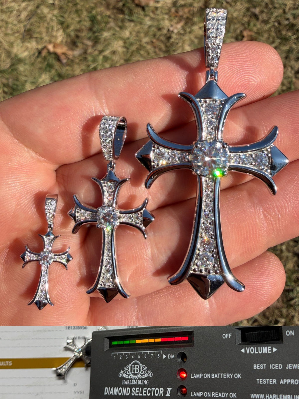 MOISSANITE Hearts Chrome Cross Pendant - 925 Silver - 3 Sizes 1"-2.75"
