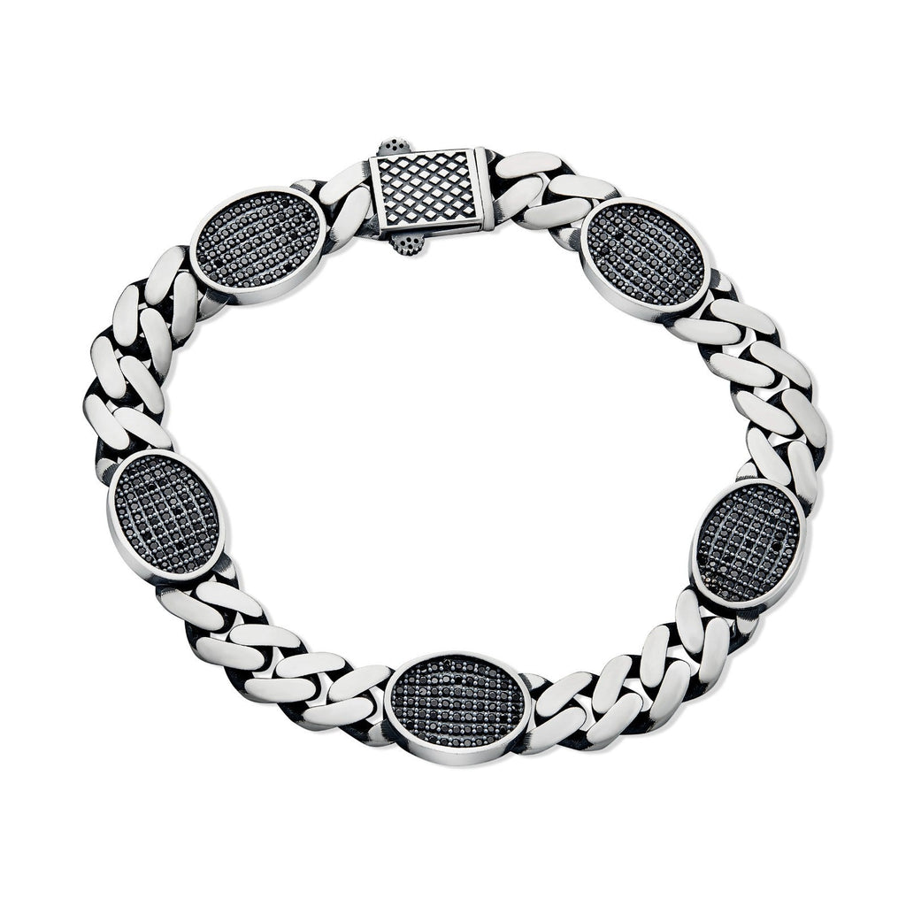 Mens Miami Cuban Link Bracelet W. Iced Out Black CZ Stones - 925 Silver - 8.5" - 12mm