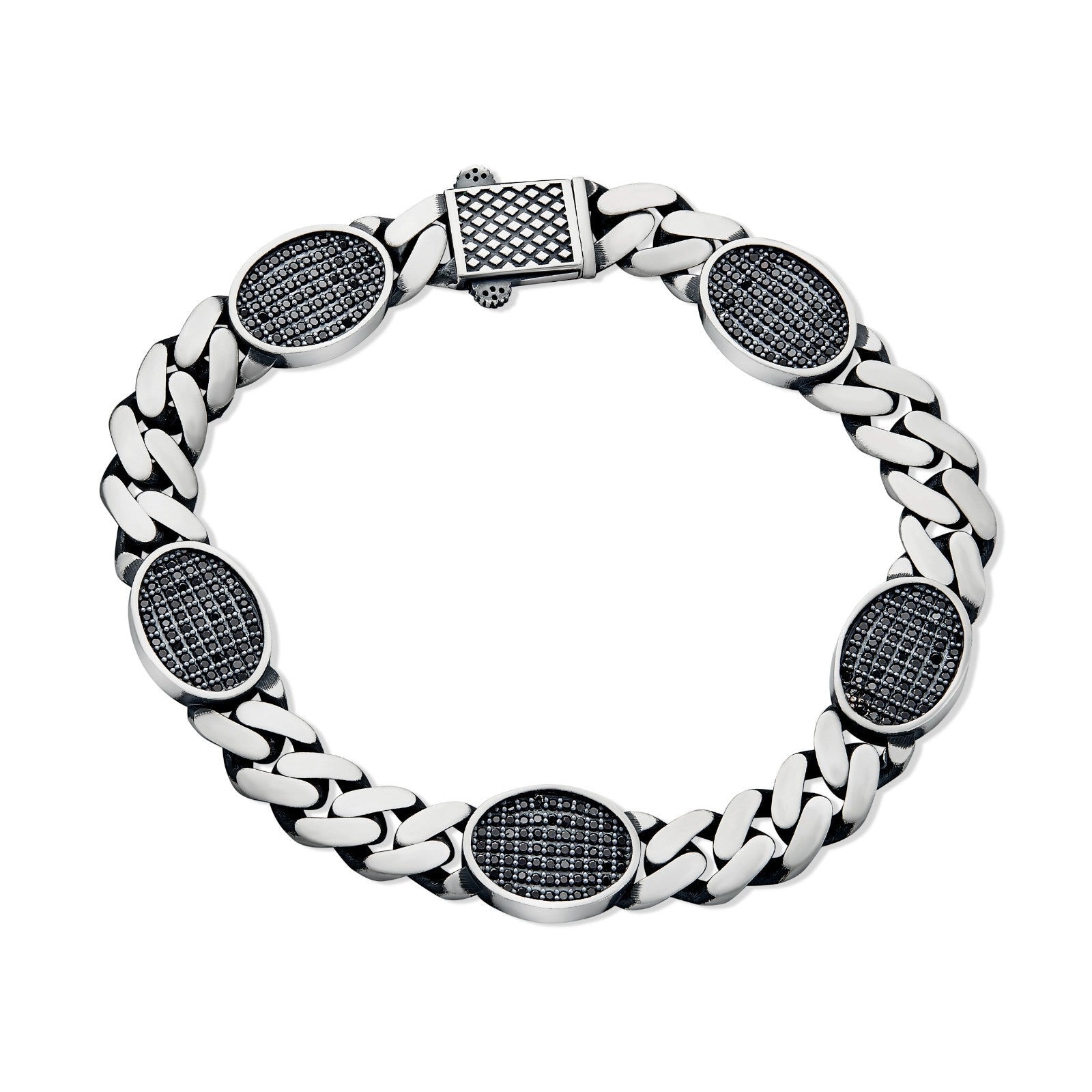 Mens Miami Cuban Link Bracelet W. Iced Out Black CZ Stones - 925 Silver - 8.5" - 12mm