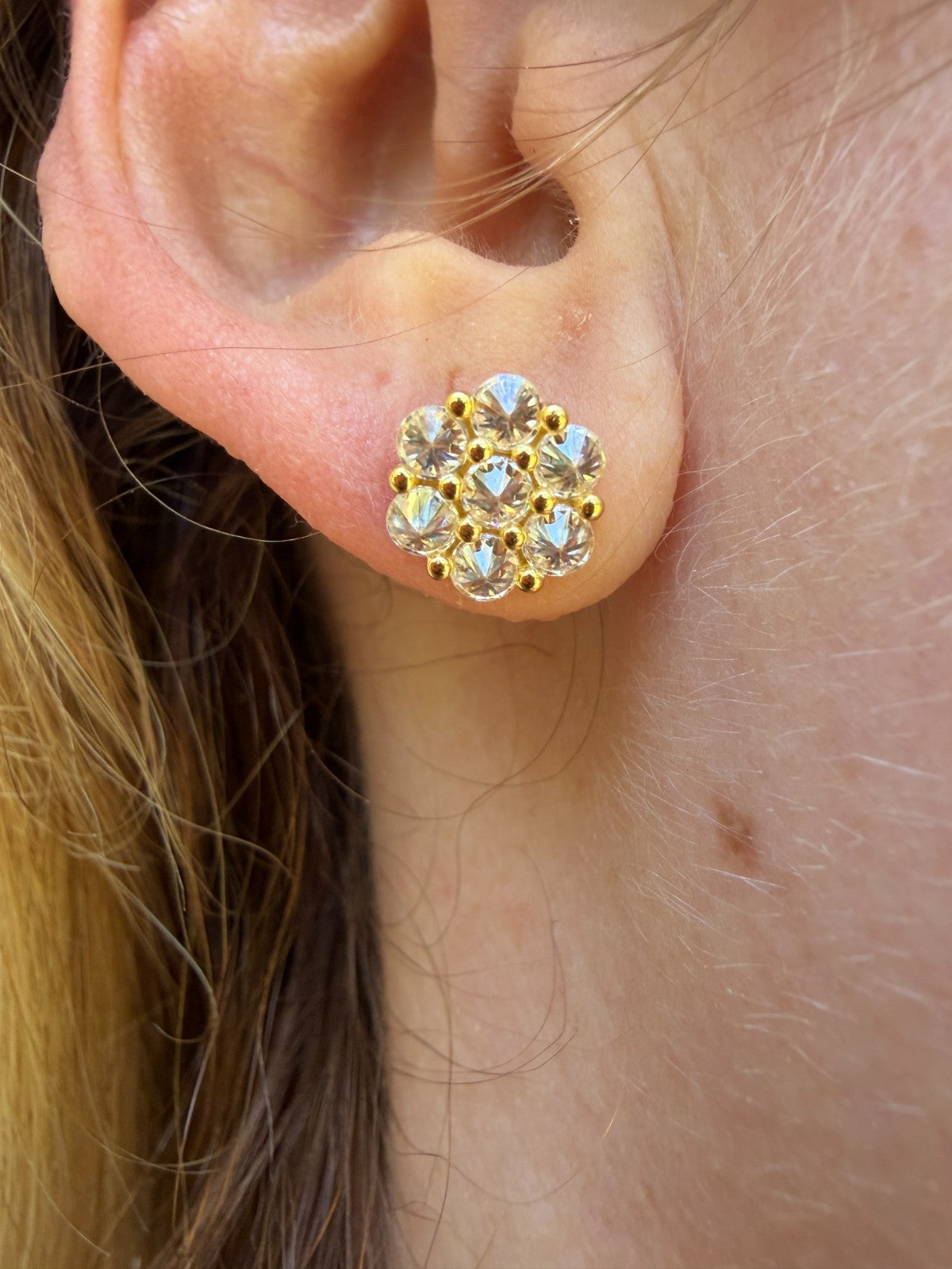 MOISSANITE Upside Down Reverse Set Cluster Iced Out Honeycomb Set Earrings - 14k Gold Vermeil 925 Silver - 9mm