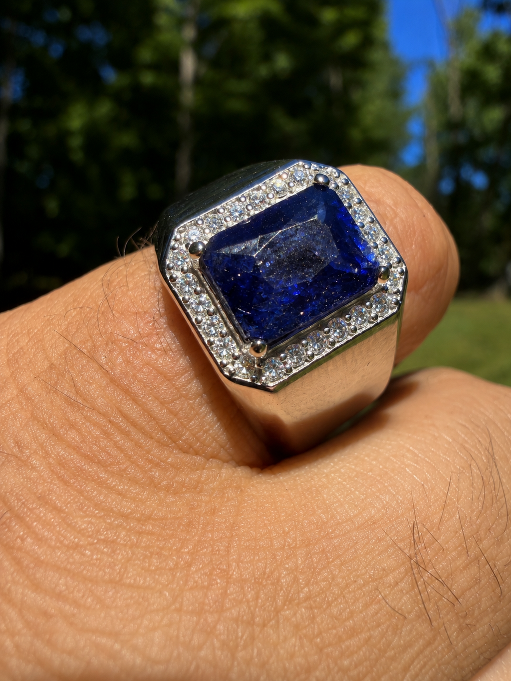 MOISSANITE Cardinal Crown Ring - 925 Silver - Genuine Blue Sapphire Stone