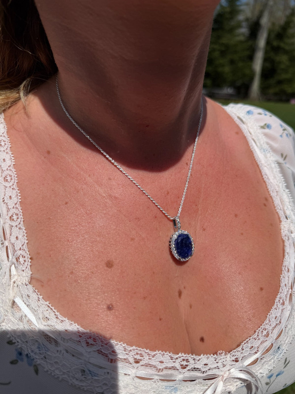 MOISSANITE Royalty Midnight Ocean Pendant - 925 Silver - Oval Genuine Blue Sapphire Stone