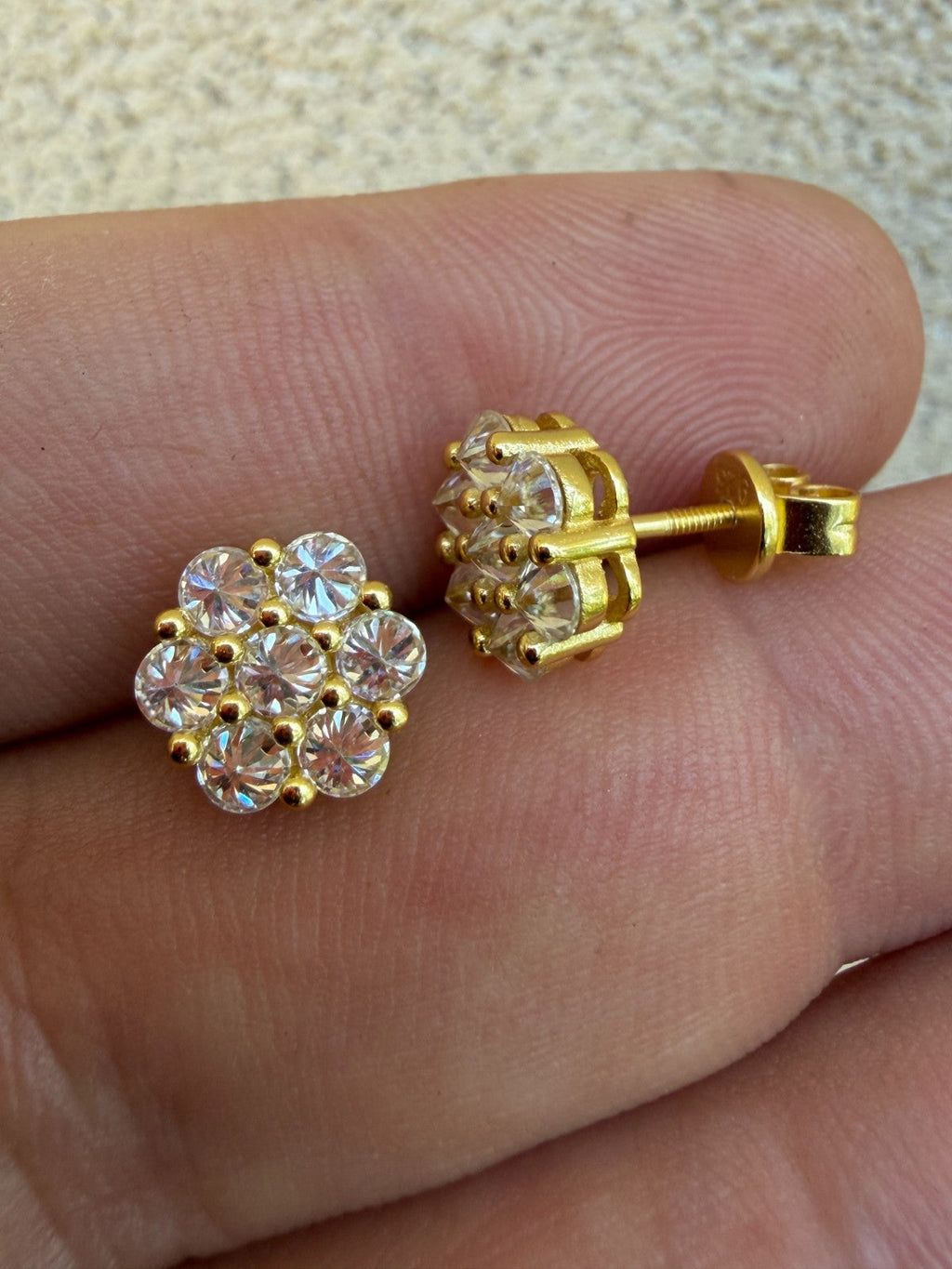 MOISSANITE Upside Down Reverse Set Cluster Iced Out Honeycomb Set Earrings - 14k Gold Vermeil 925 Silver - 9mm