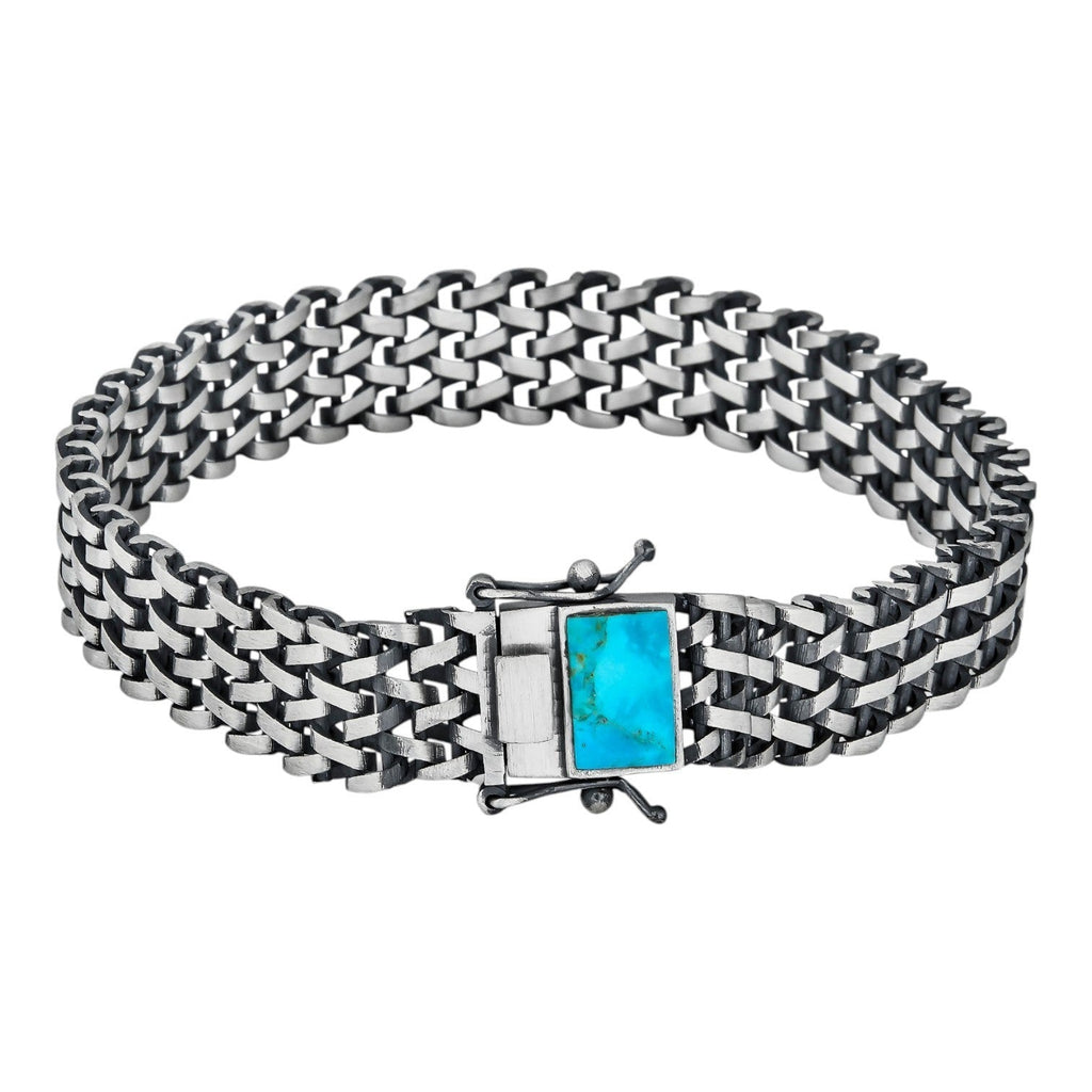 Mens Turquoise Wheat Woven Link Bracelet - 925 Sterling Silver - 8.5" - 12mm