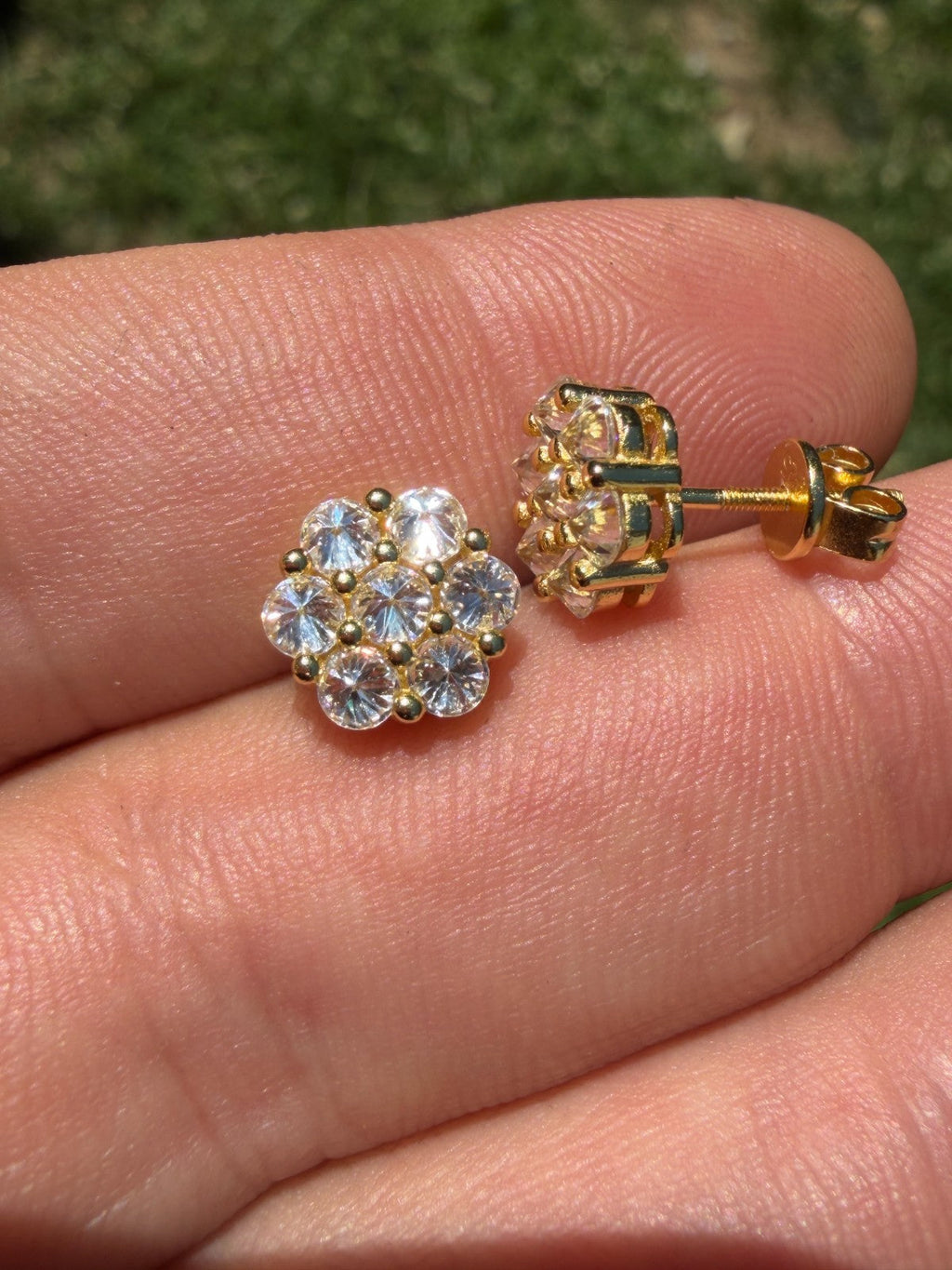 MOISSANITE Upside Down Reverse Set Cluster Iced Out Honeycomb Set Earrings - 14k Gold Vermeil 925 Silver - 9mm