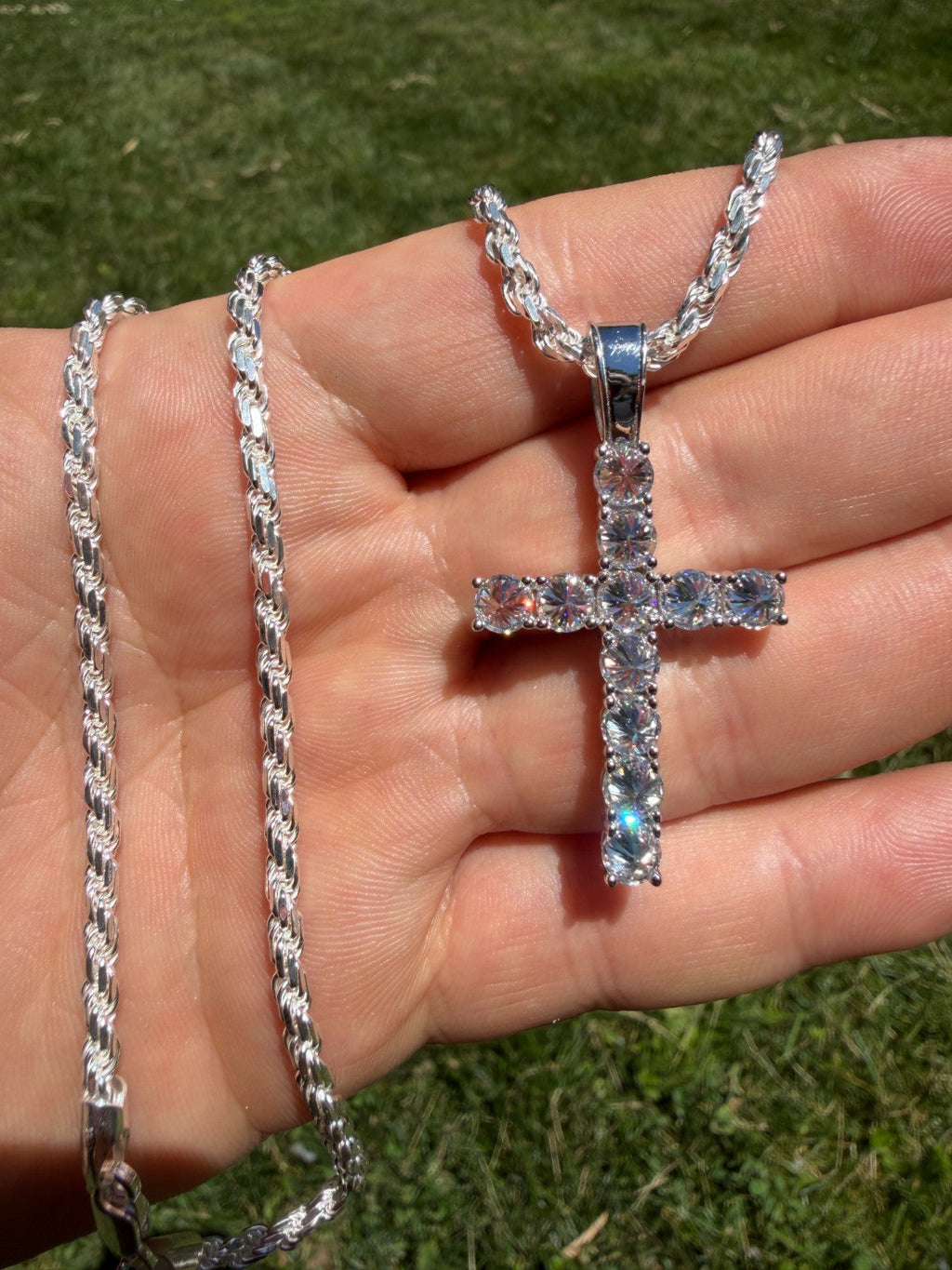 MOISSANITE Upside Down Setting Tennis Cross - 925 Silver - 3 Sizes 1"-1.75"